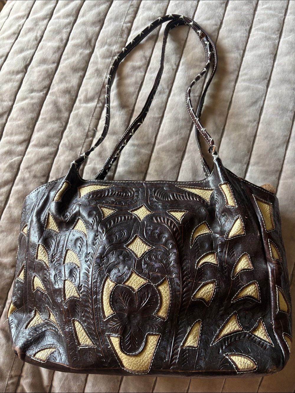 Women's Brown Leather Shoulder Bag with Cutout Accents